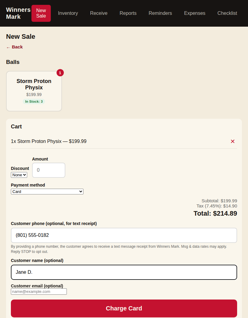 Winners Mark point-of-sale checkout screen showing the phone number field and consent notice